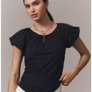 NWT Anthropologie Small Peasant Top Ruched Cap-Sleeve Black